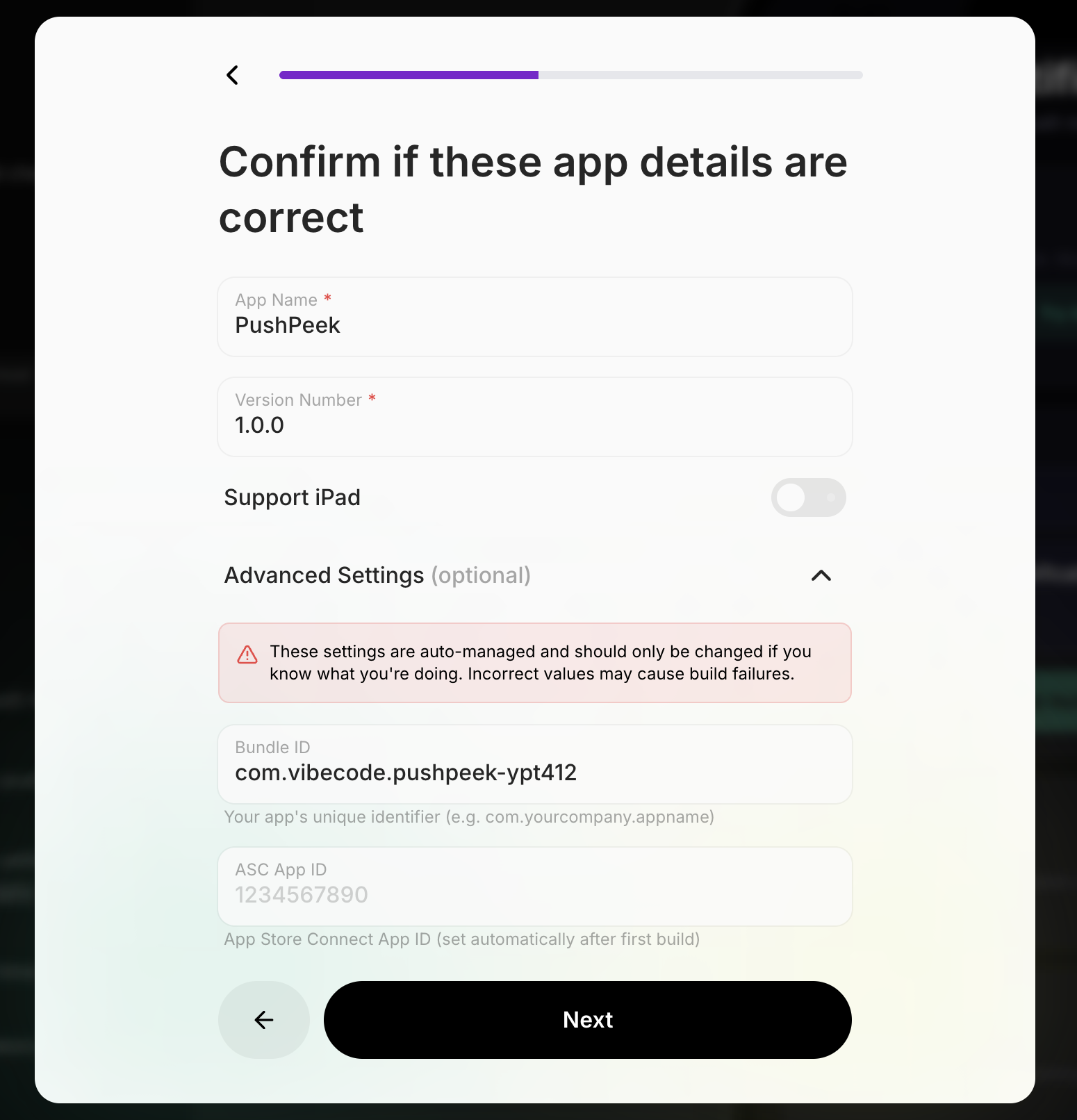 Confirming app details