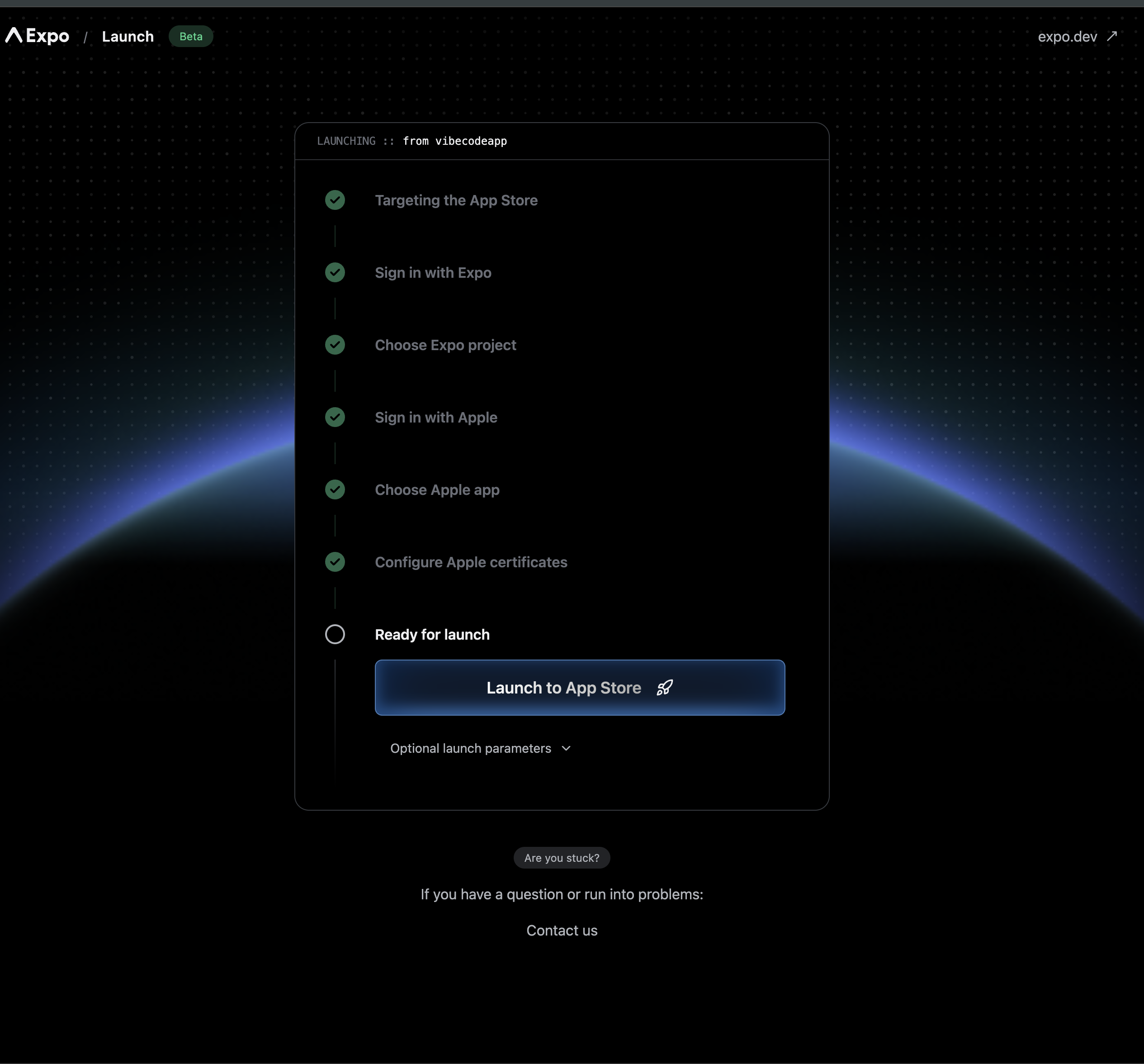 All Expo Launch steps completed with green checkmarks