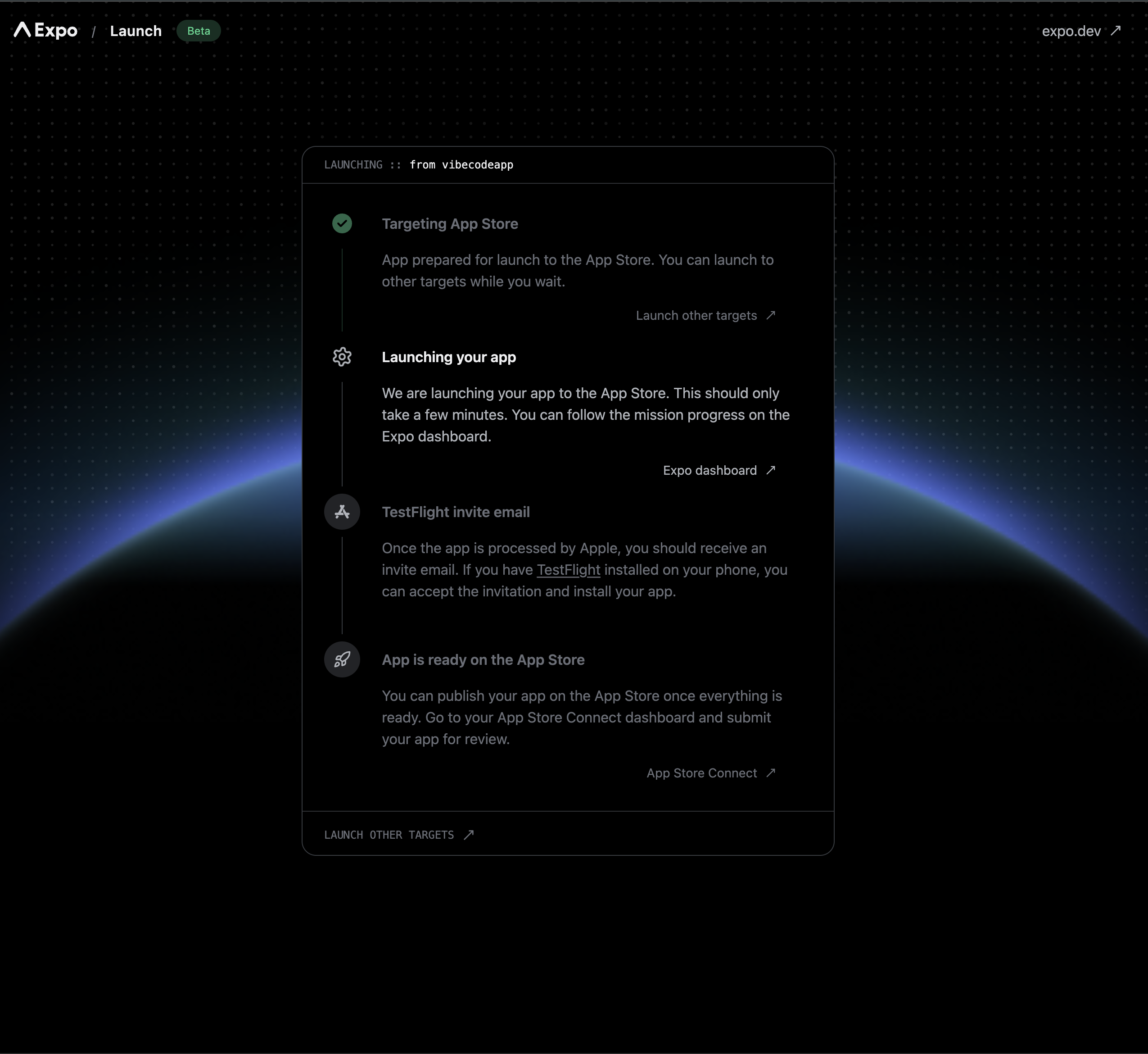 Expo Launch confirmation showing build in progress