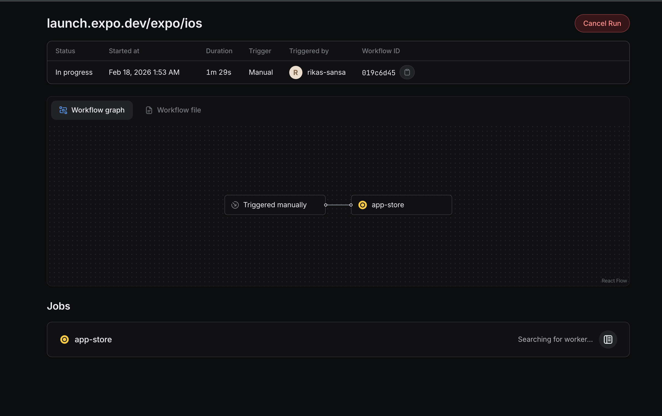 Build workflow in progress on Expo dashboard