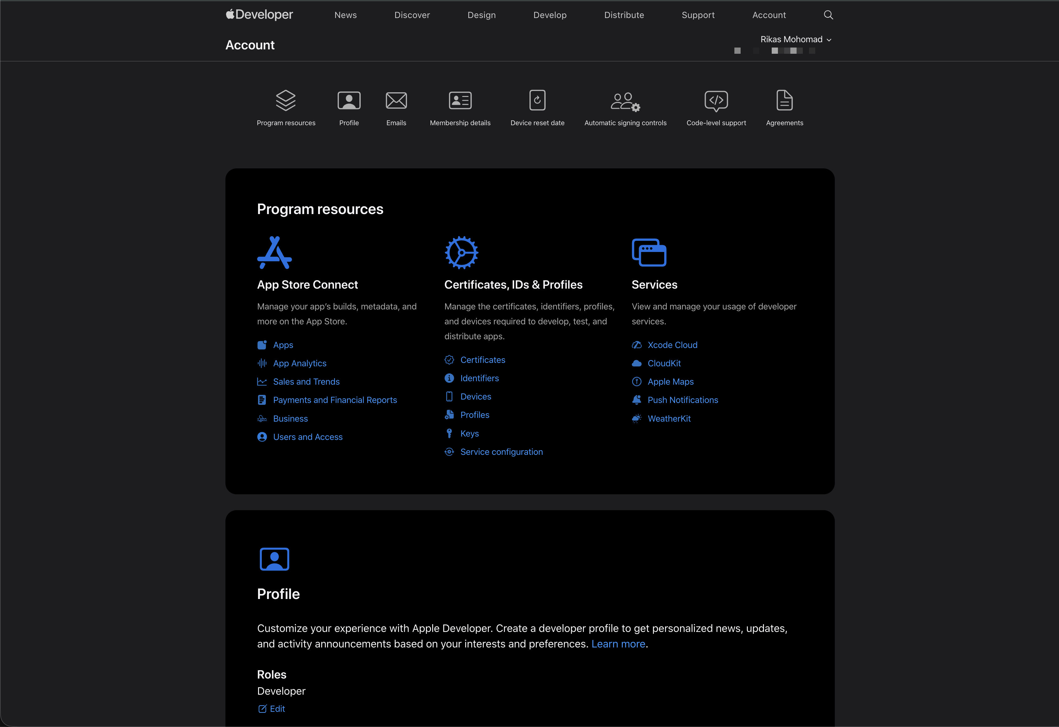 Apple Developer Account page showing Program resources