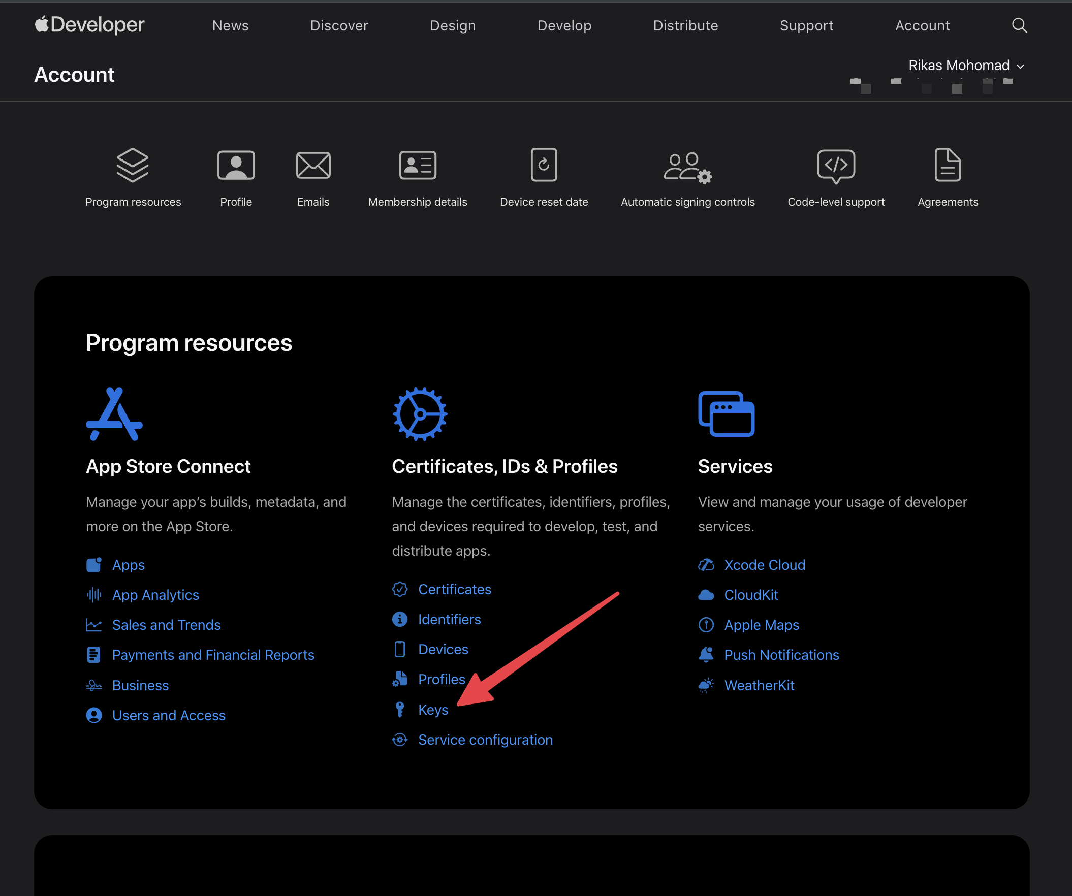 Click Keys under Certificates, IDs & Profiles