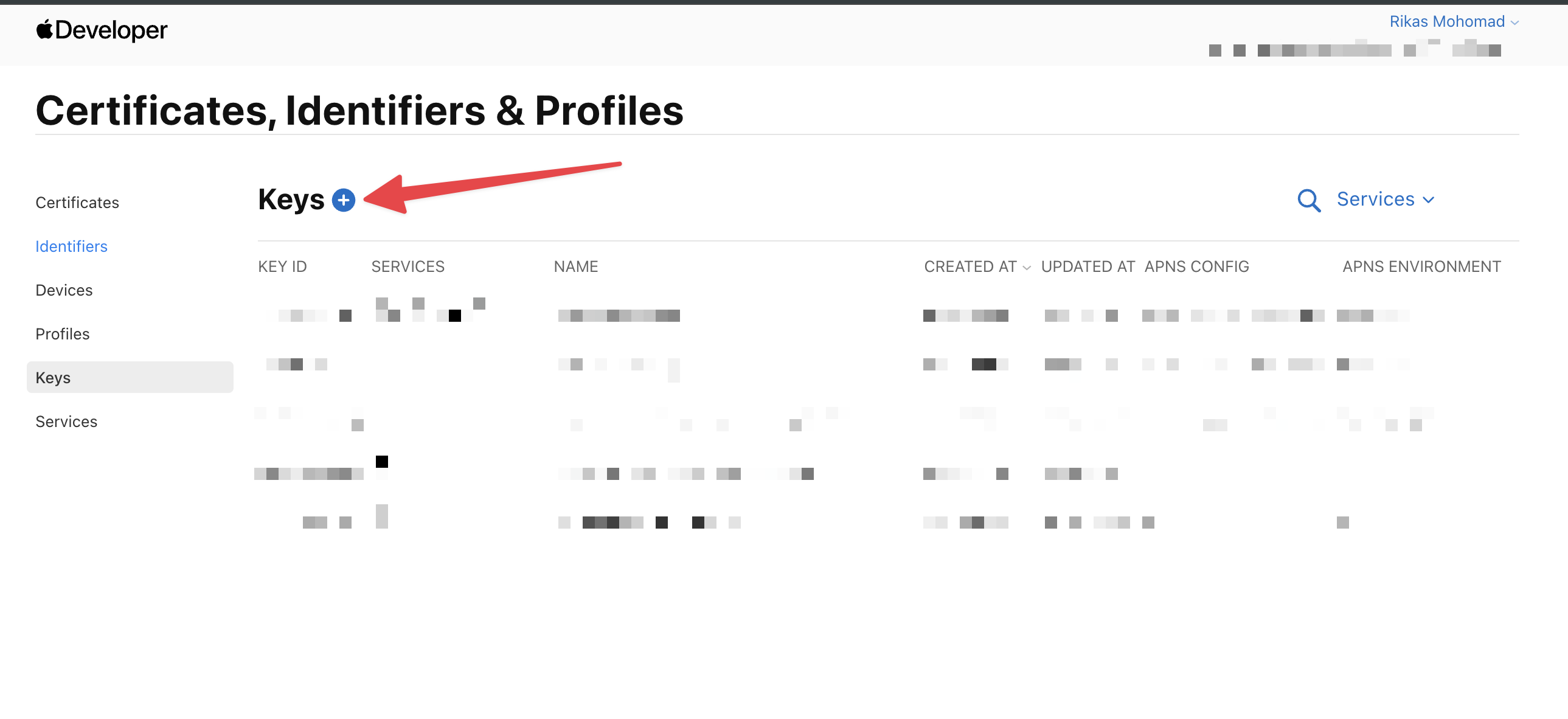 Apple Developer Keys page with plus button to create new key