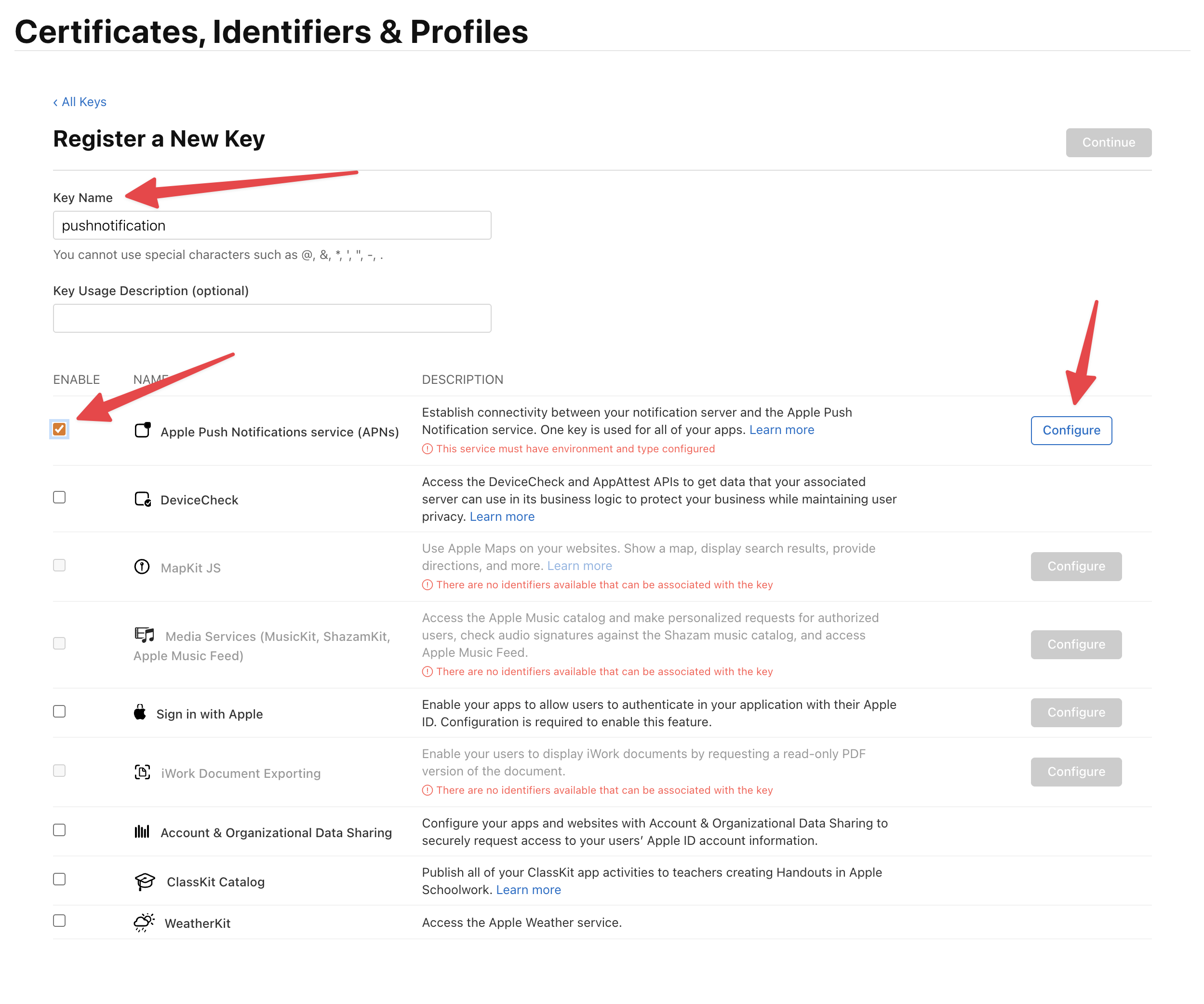 Register a new APNs key with name and APNs checkbox enabled