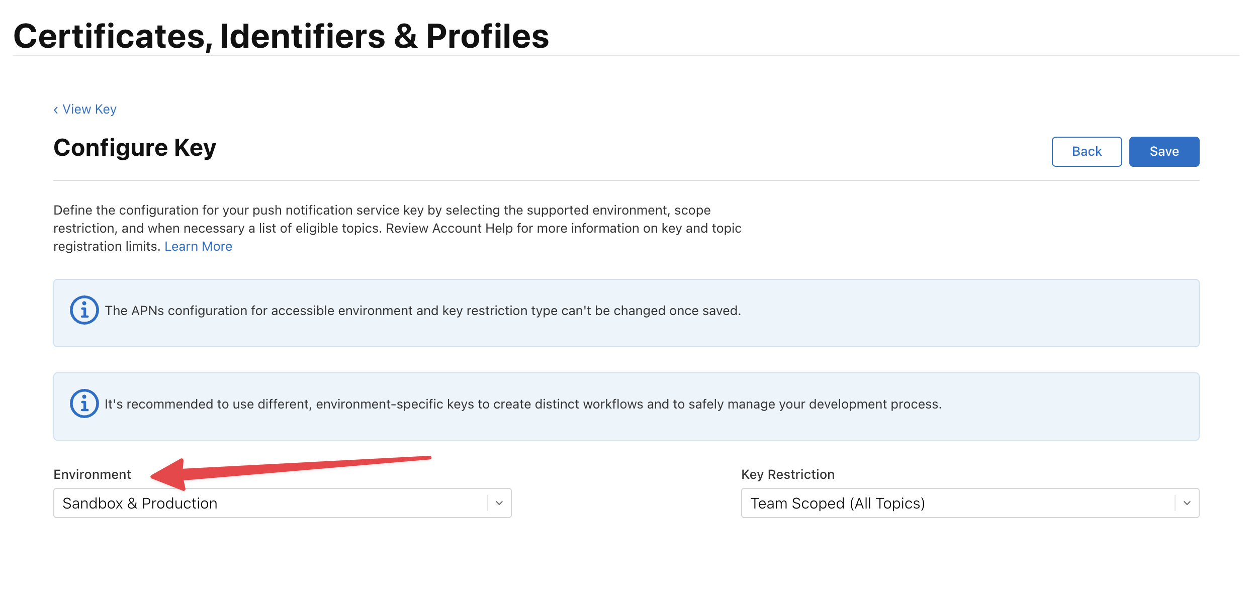 Configure APNs key with Sandbox & Production environment