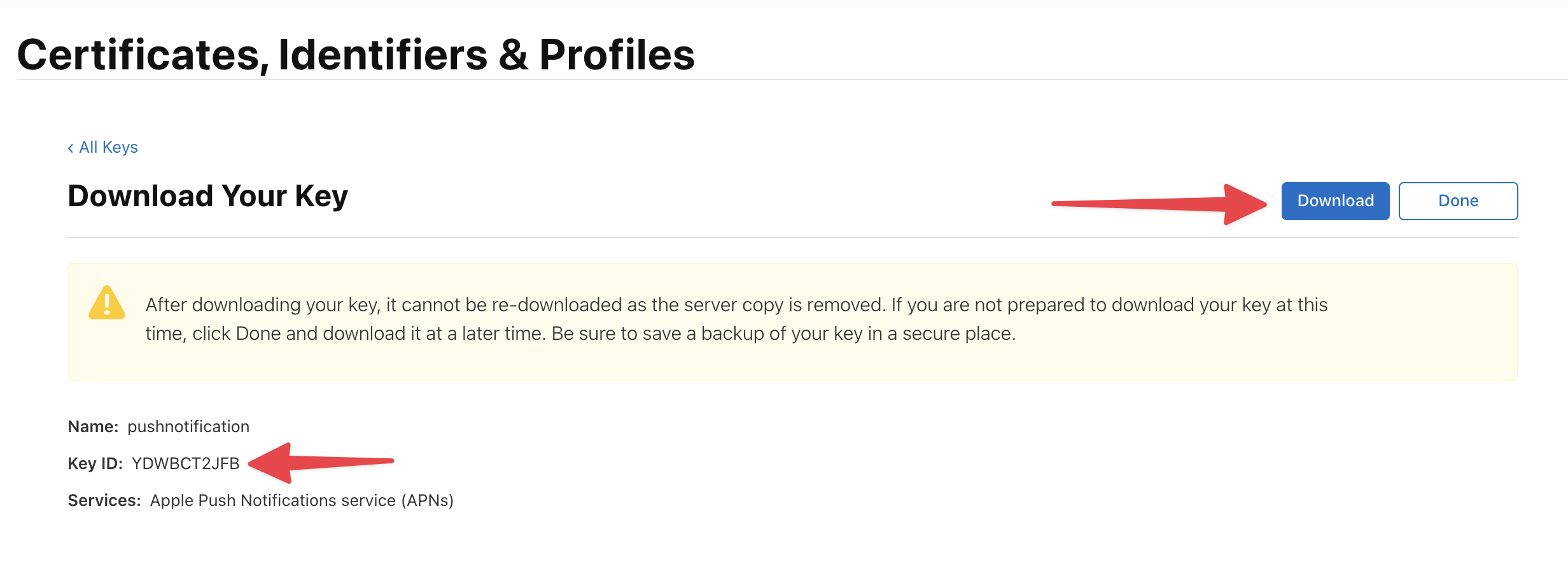 Download your APNs key and note the Key ID