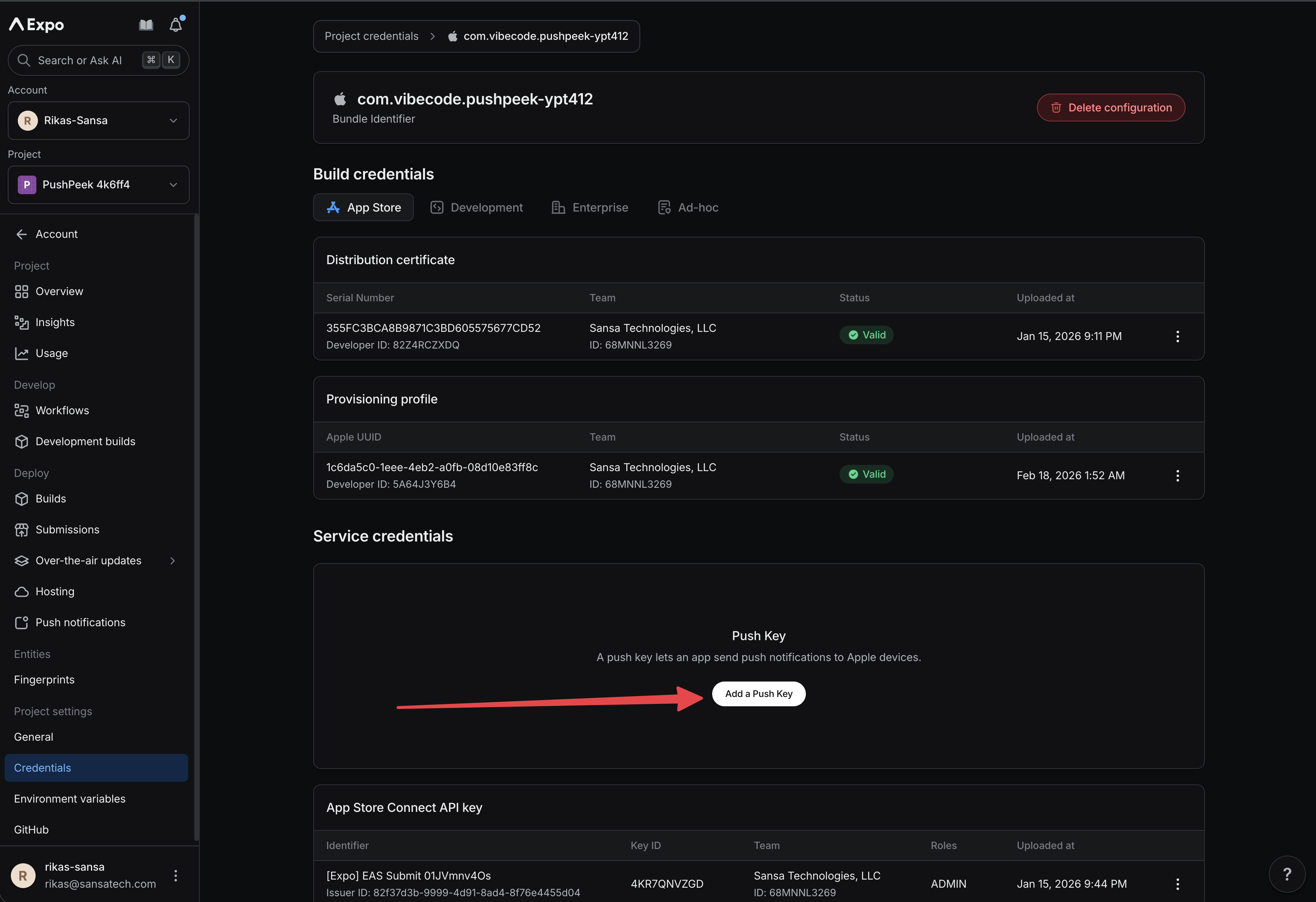 Expo project credentials page showing Push Key section