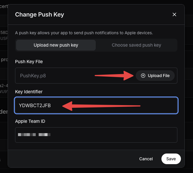 Upload push key modal with file upload and key identifier fields