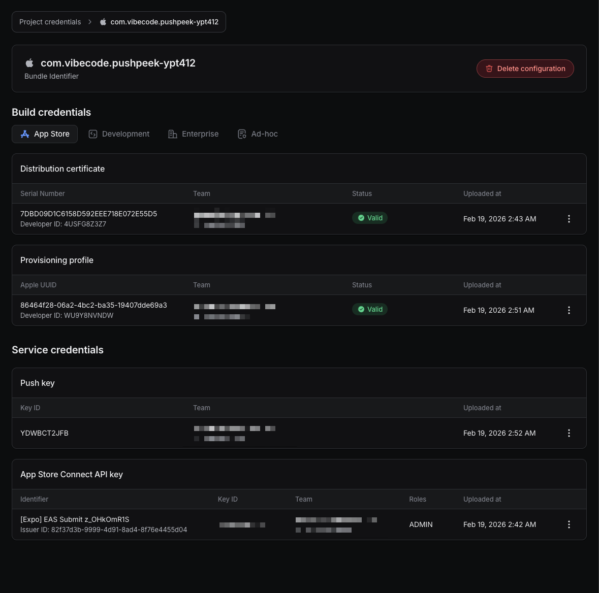 All Expo credentials showing valid status including push key