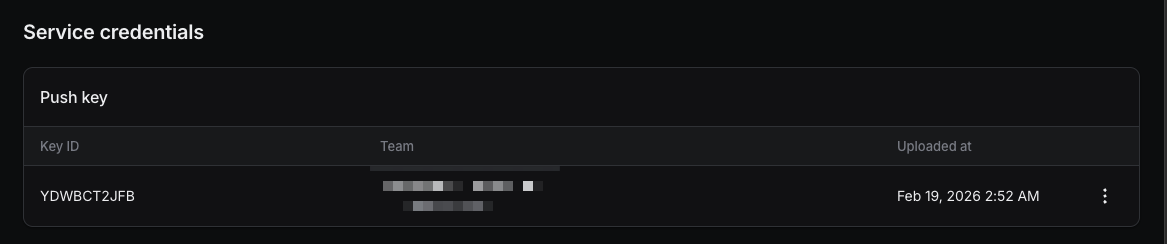 Push key details showing key ID, team, and upload date