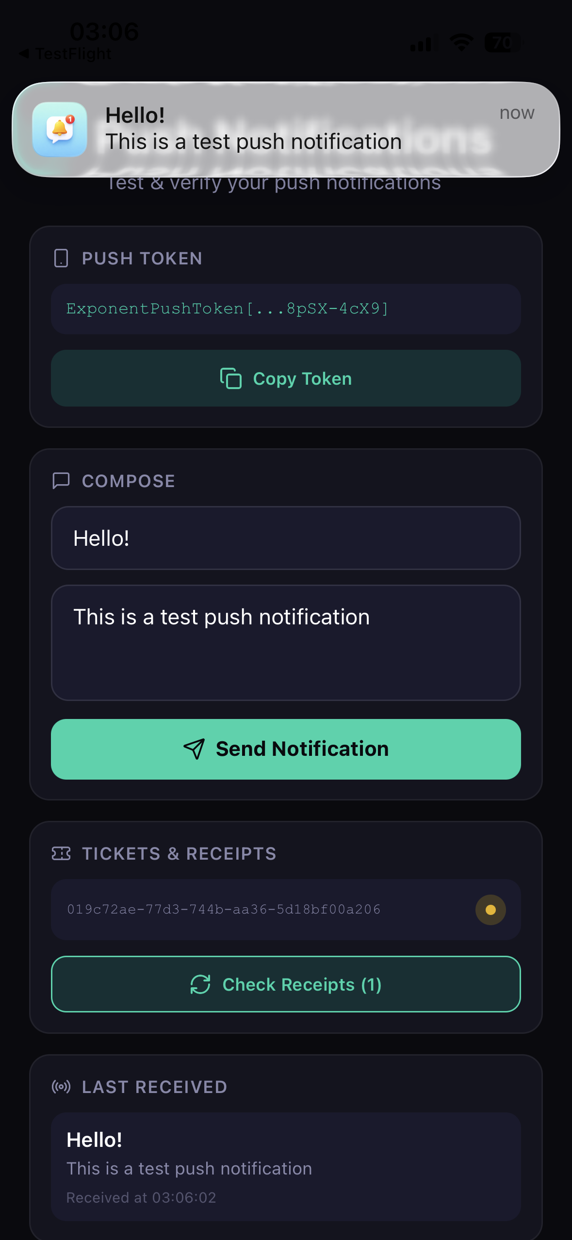 Push notification received on device showing notification banner, push token, and test message
