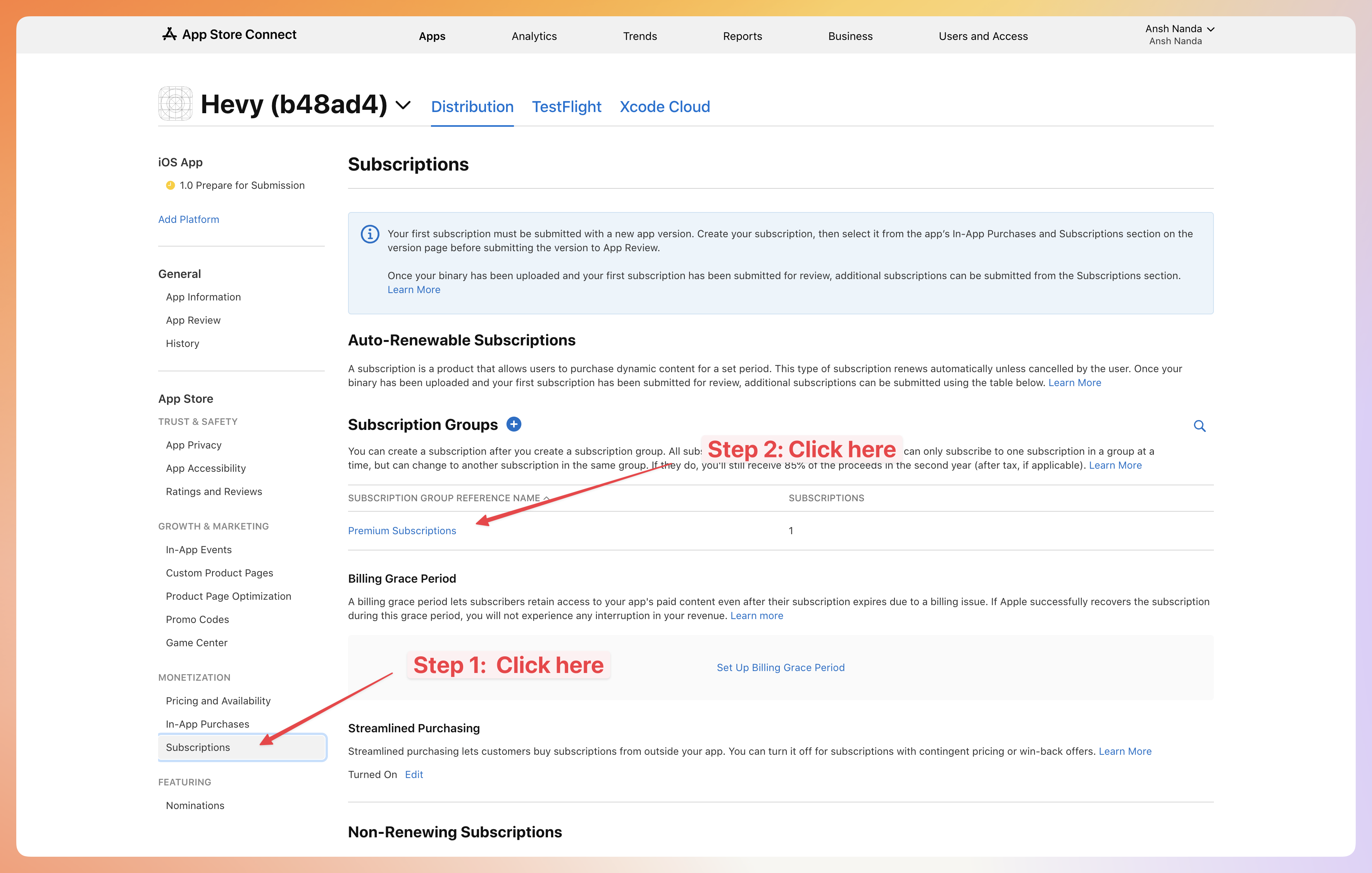 App Store Connect subscriptions page