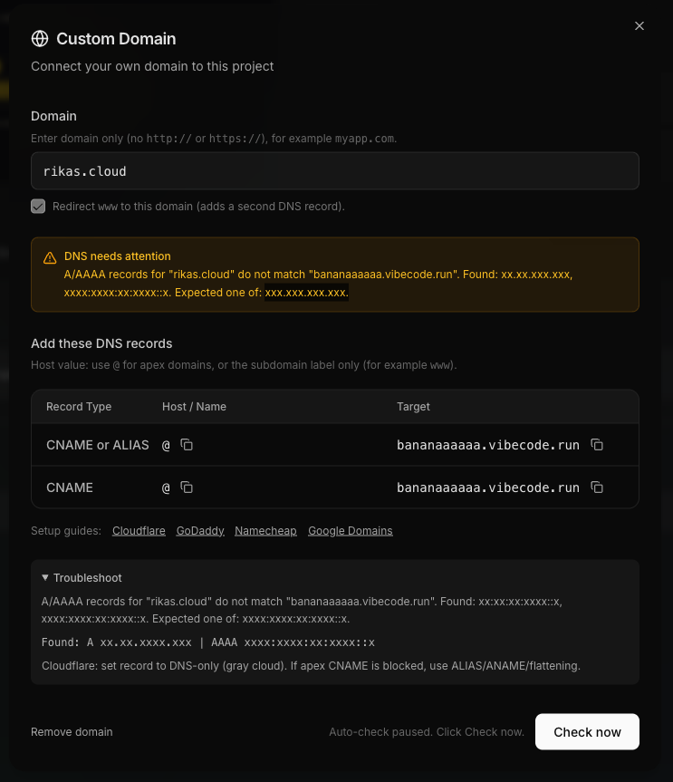 DNS records for apex domain showing ALIAS and CNAME records