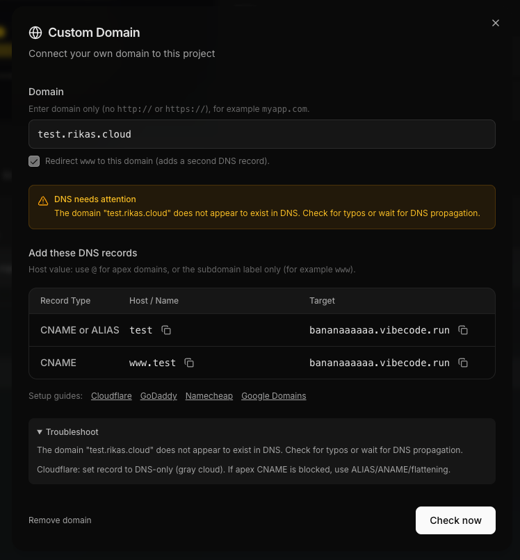 Troubleshoot section showing Cloudflare proxy tip