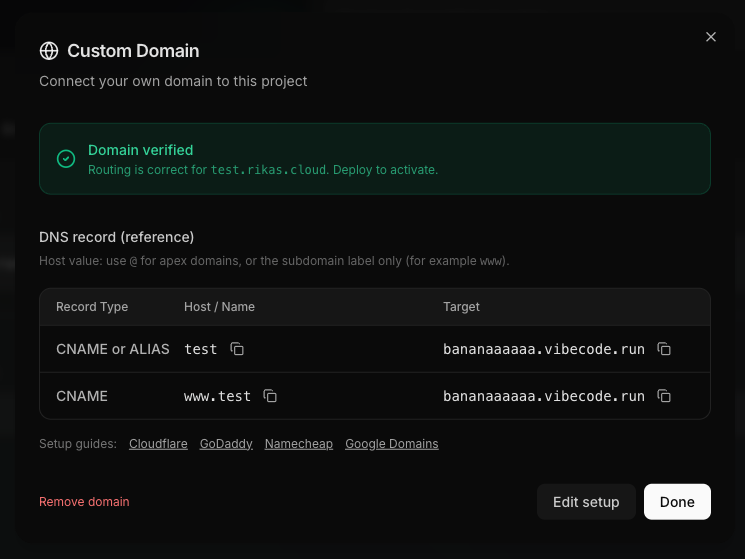 Domain verified confirmation showing routing is correct