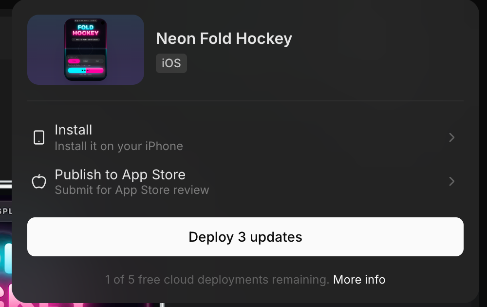 Publish menu for an iOS app