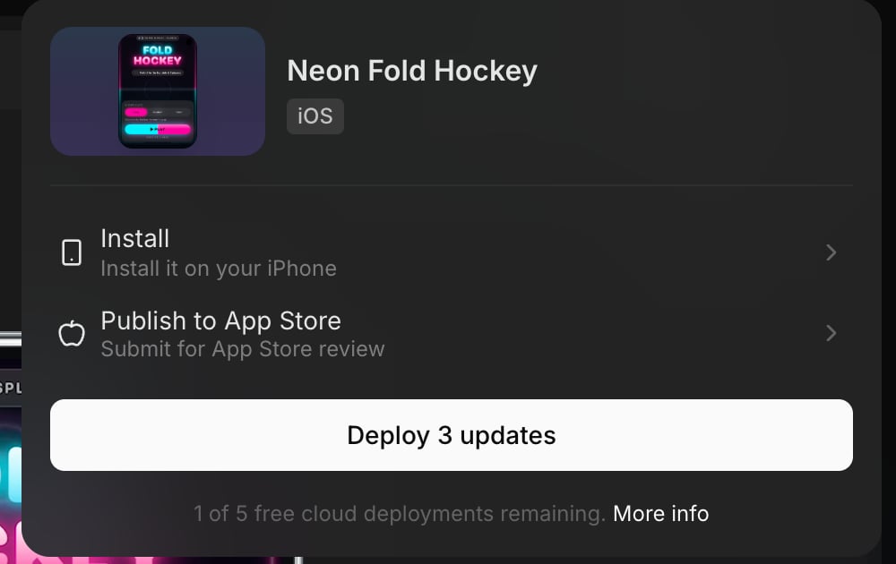 Publish menu for an iOS app