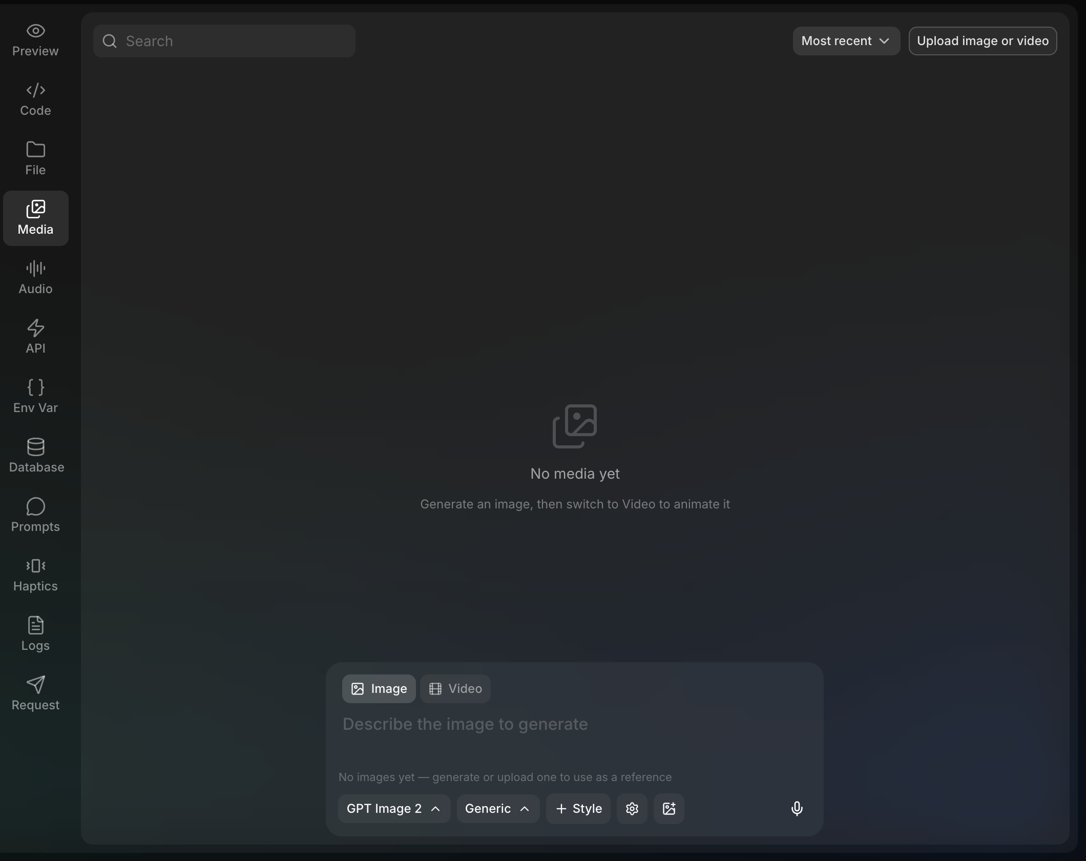 The Media tab: Image and Video modes, model, type, and style