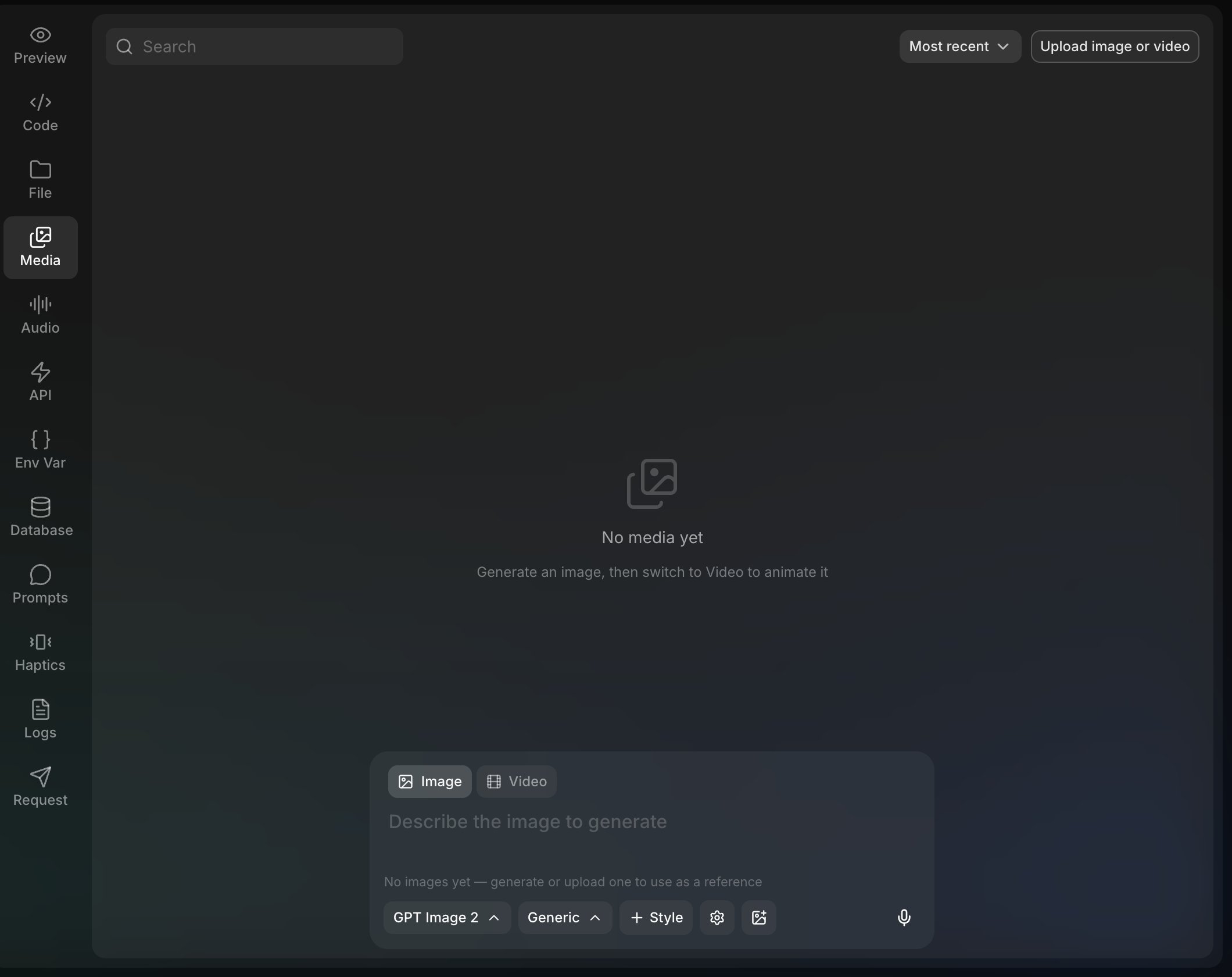 The Media tab: Image and Video modes, model, type, and style