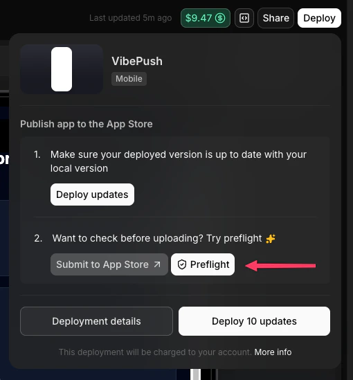 Preflight button in the deploy dropdown