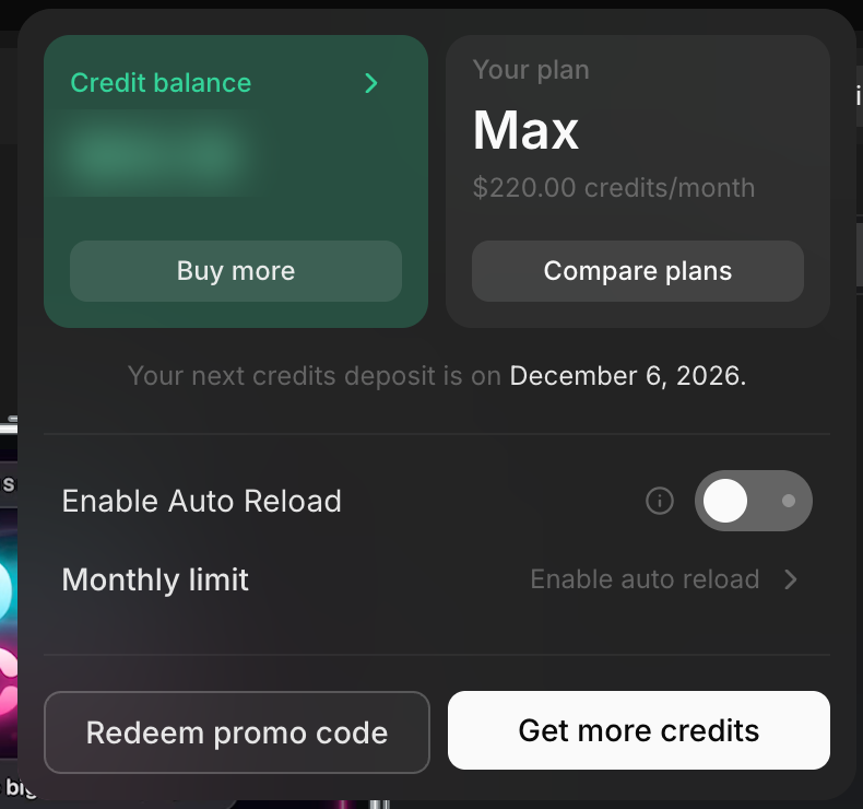 Click your credit balance to buy credits, compare plans, or set up auto reload