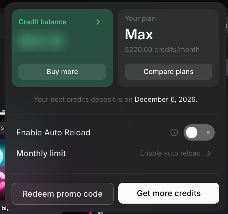 Click your credit balance to buy credits, compare plans, or set up auto reload