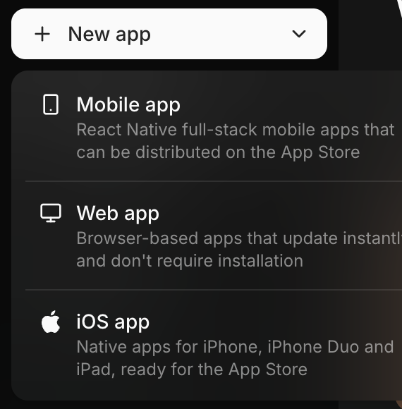 New app: pick Mobile app, Web app, or iOS app