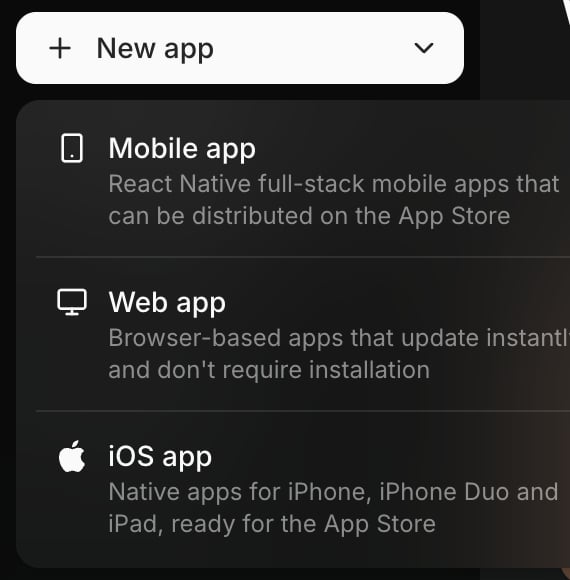 New app: pick Mobile app, Web app, or iOS app