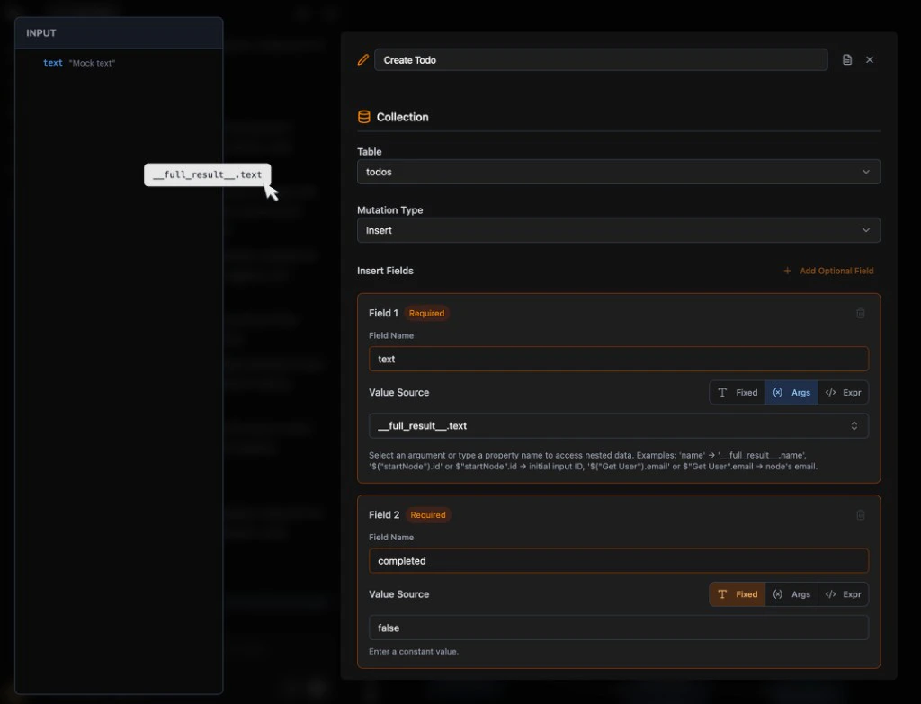 Dragging a variable from the captured input panel into a mutation node field, automatically creating the correct variable reference