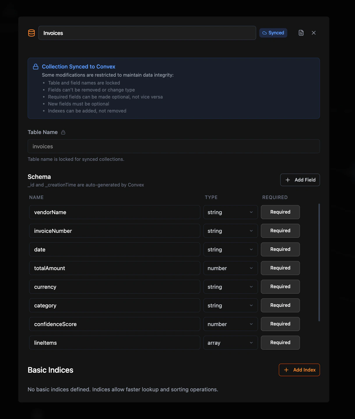 Collection Node configuration showing schema fields, types, and basic indexes