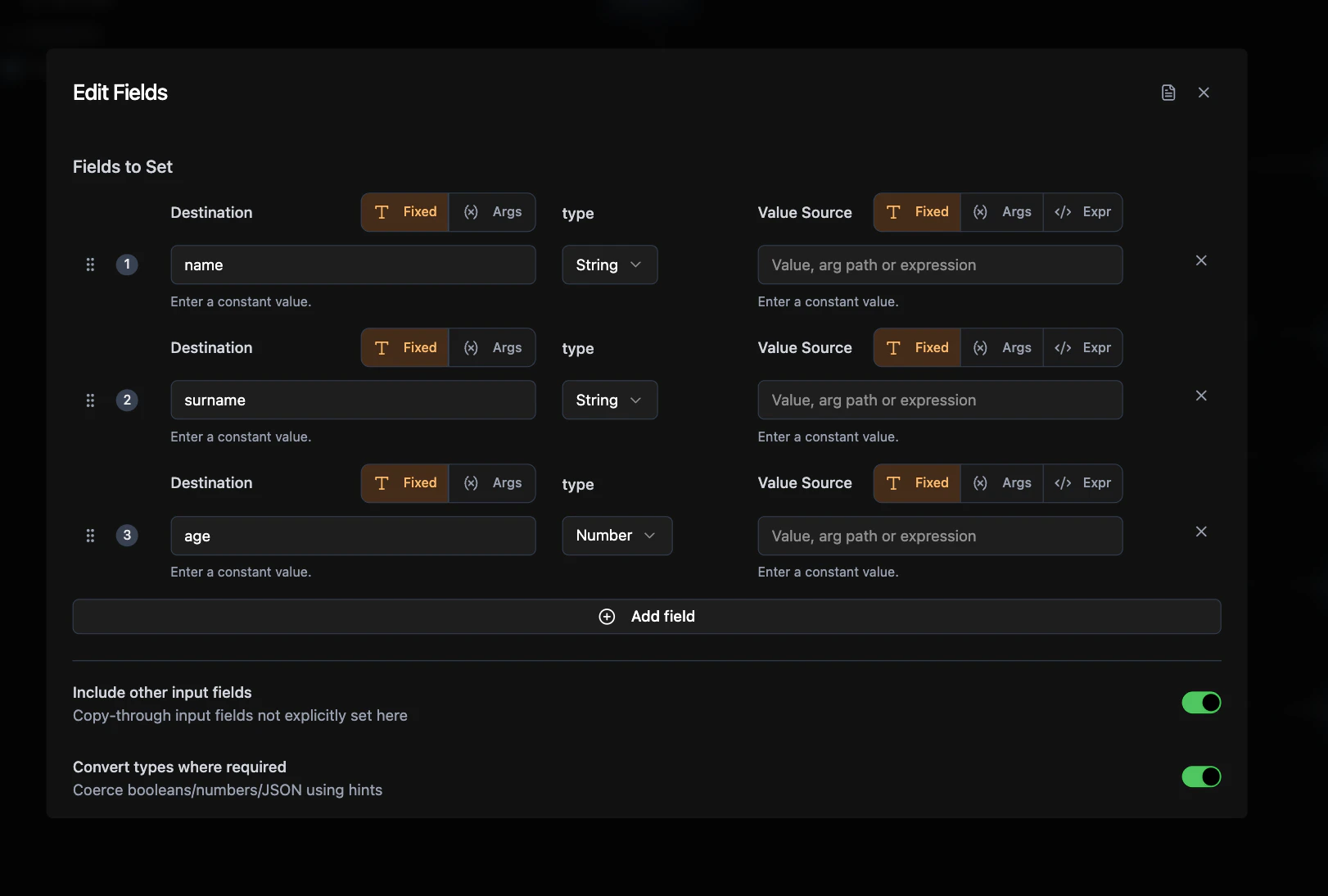 Edit Fields Node configuration showing field mappings with destination names, types, and value sources
