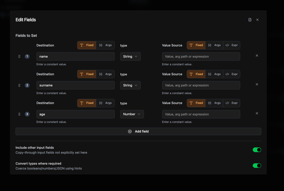 Edit Field Livescript Edit Fields Node - VibeFlow