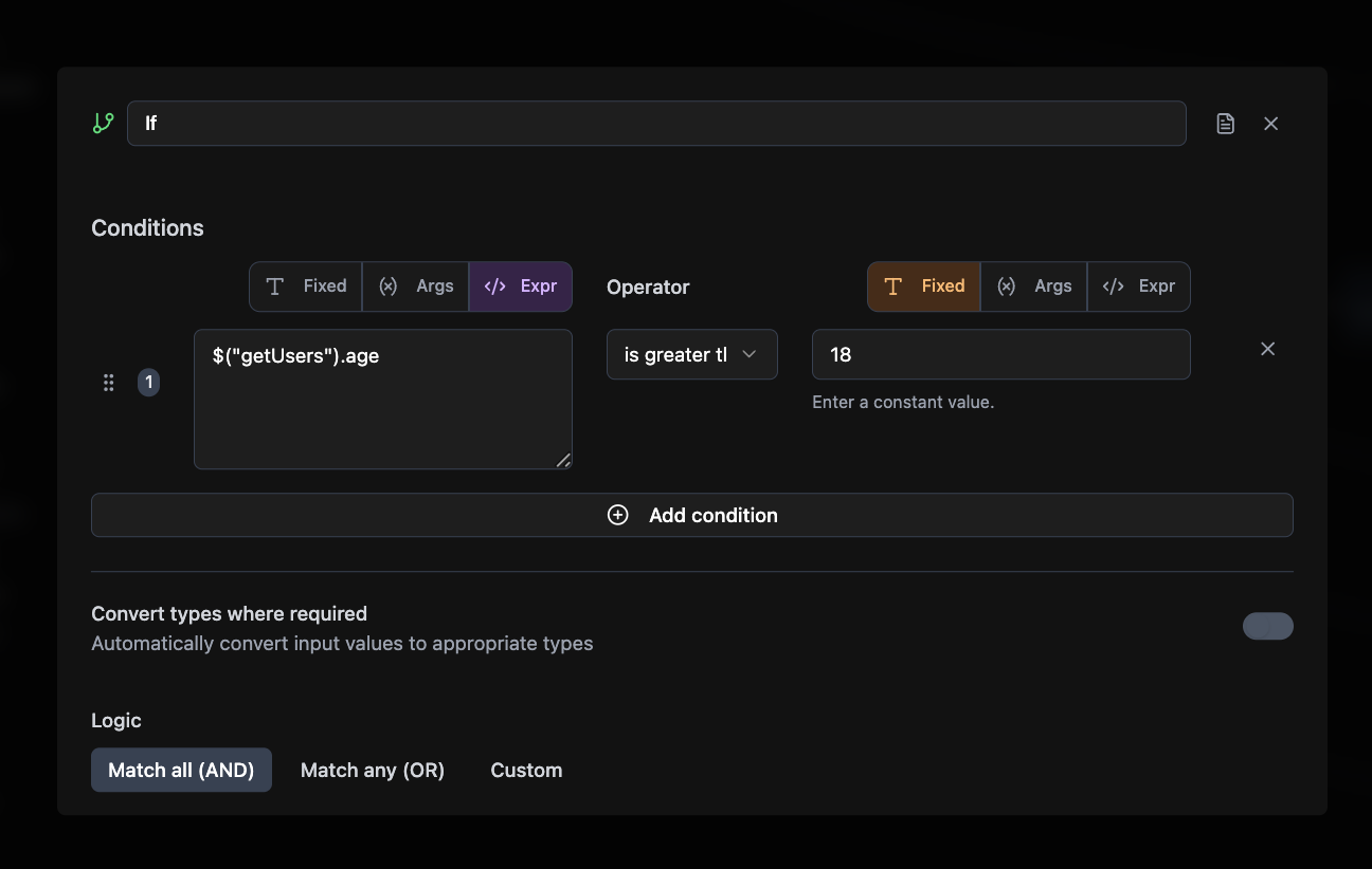 If-Else Node configuration showing conditions, operators, and logic mode