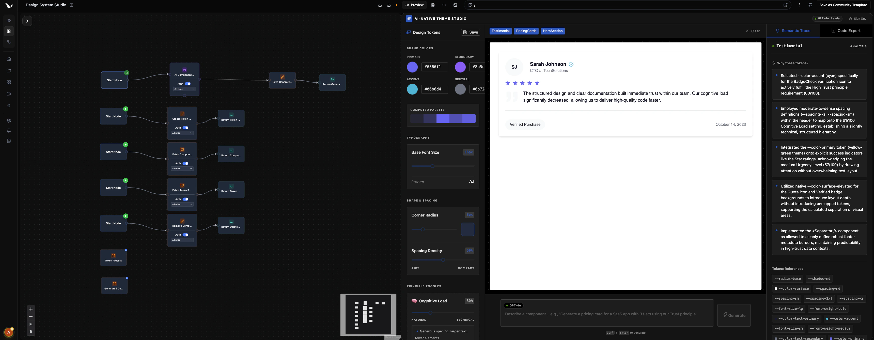 VibeFlow Editor showing an Invoice Dashboard with workflow nodes, node palette, and integrations sidebar