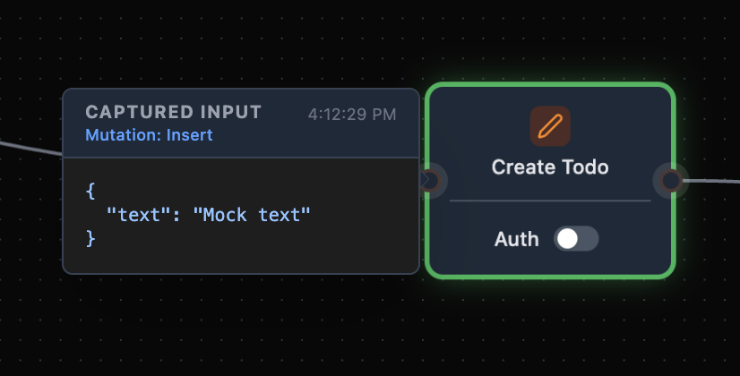 Captured Input panel for the Create Todo mutation node, showing a Mutation Insert with the JSON input containing a text field with Mock text value