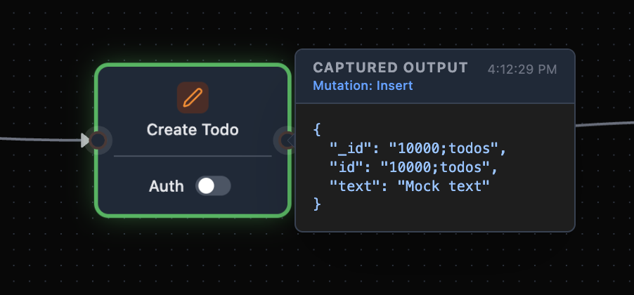 Captured Output panel for the Create Todo mutation node, showing the resulting document with _id, id, and text fields after the insert mutation