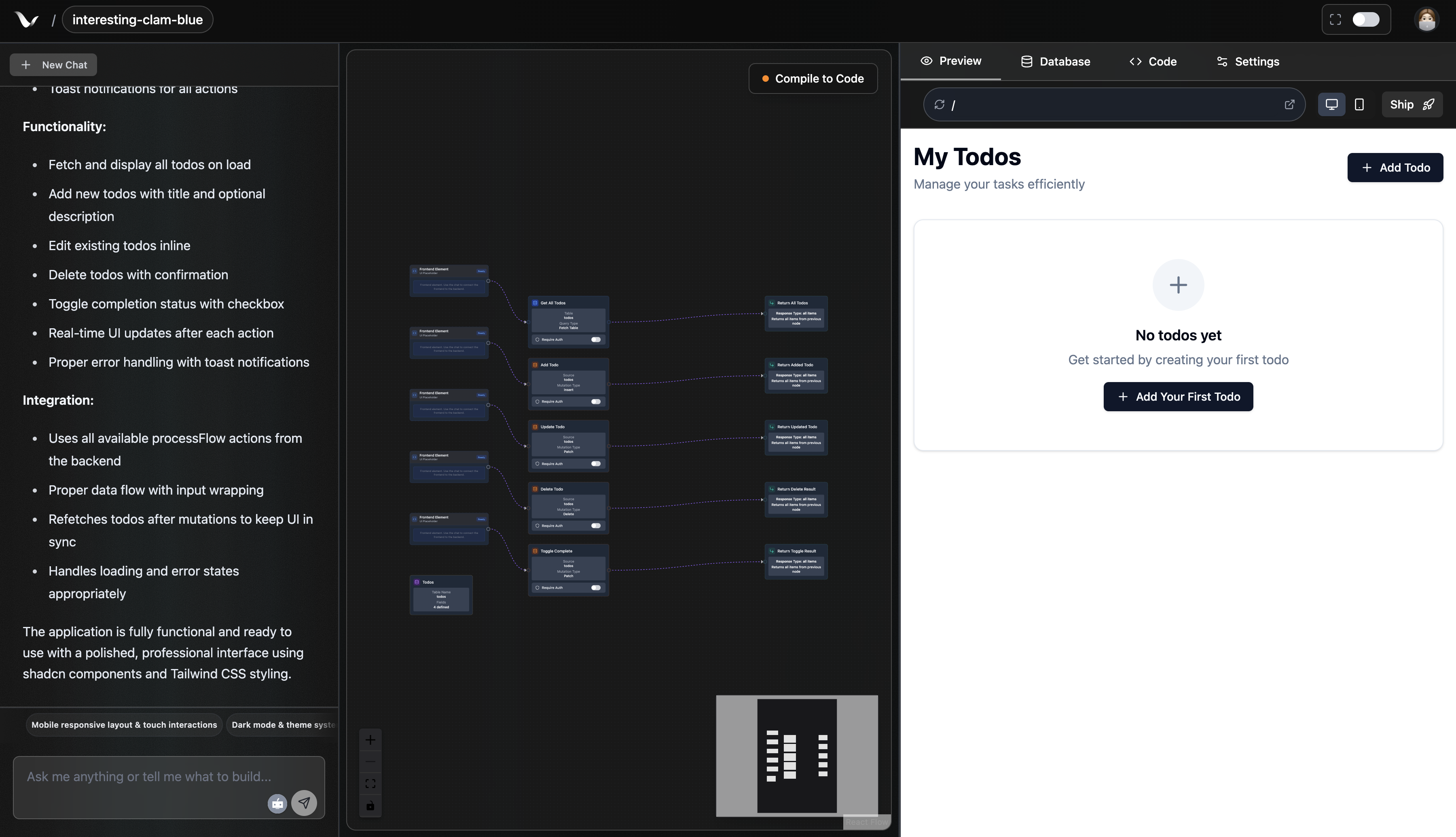 VibeFlow Editor Interface showing workflow nodes and chat preview