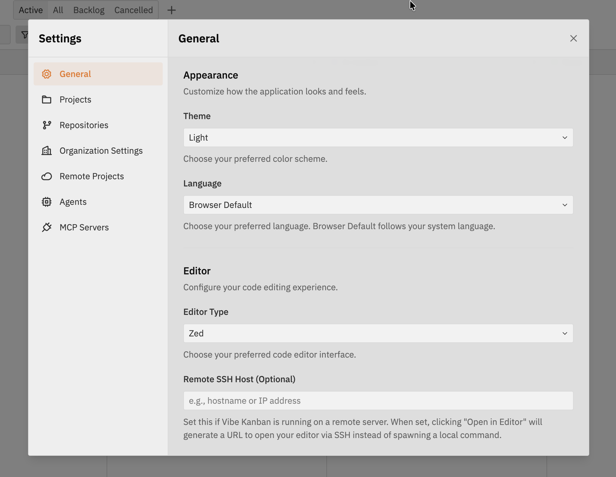 Settings dialog showing the tabbed interface with General, Projects, Repositories, Organization Settings, Agents, and MCP Servers tabs