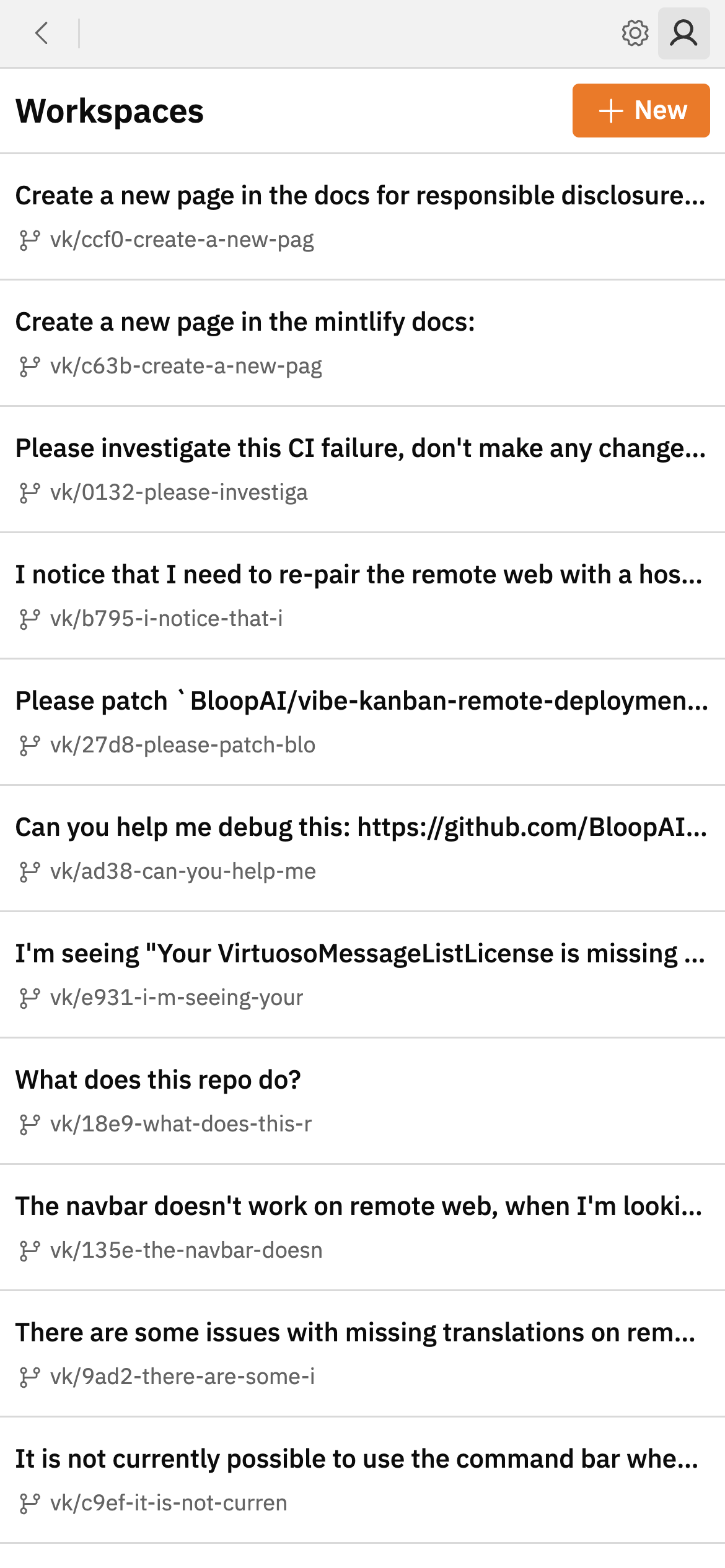 Vibe Kanban cloud remote access page on mobile showing a paired host and workspaces