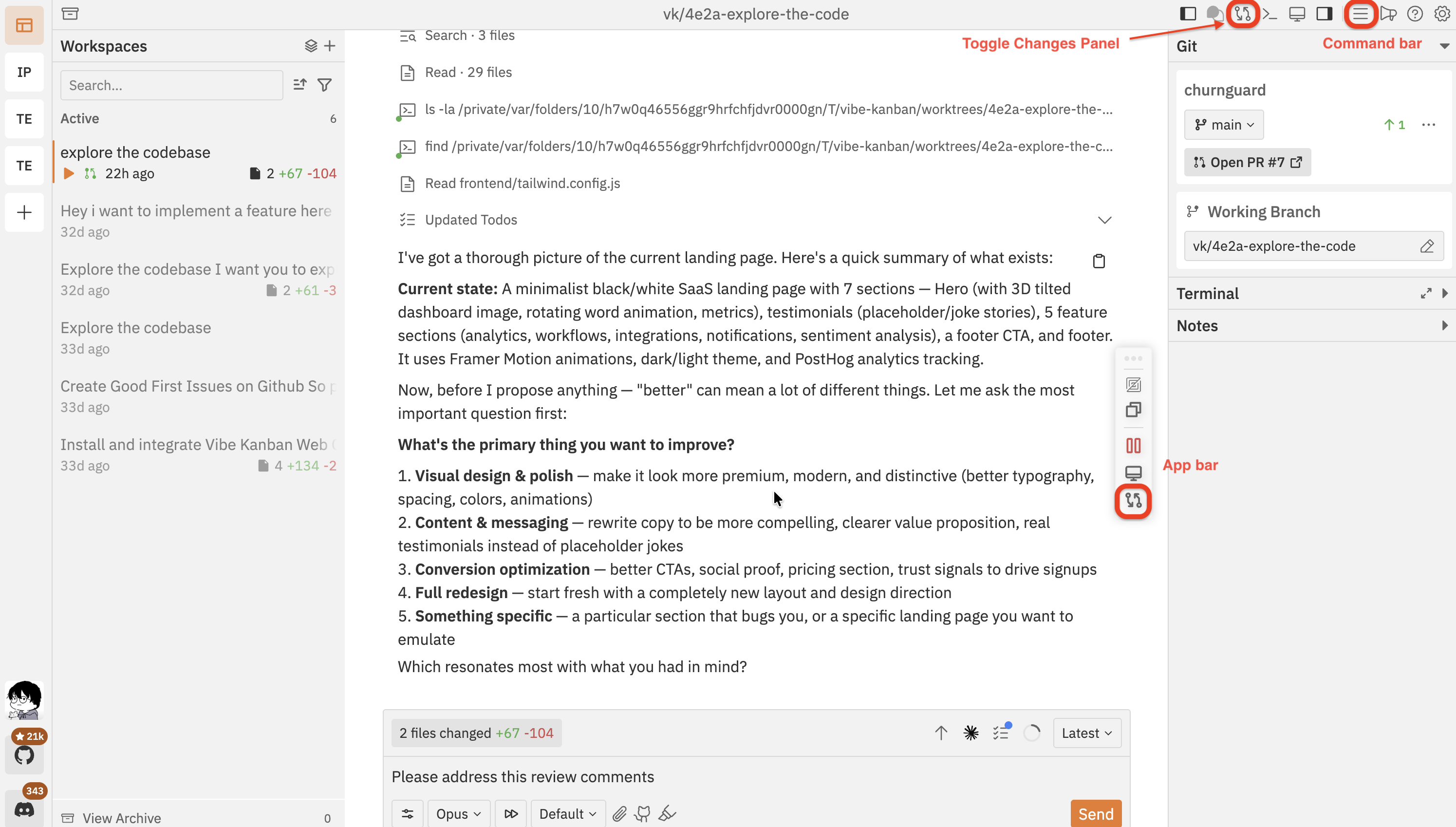 Workspace showing the Toggle Changes Panel button in the navbar