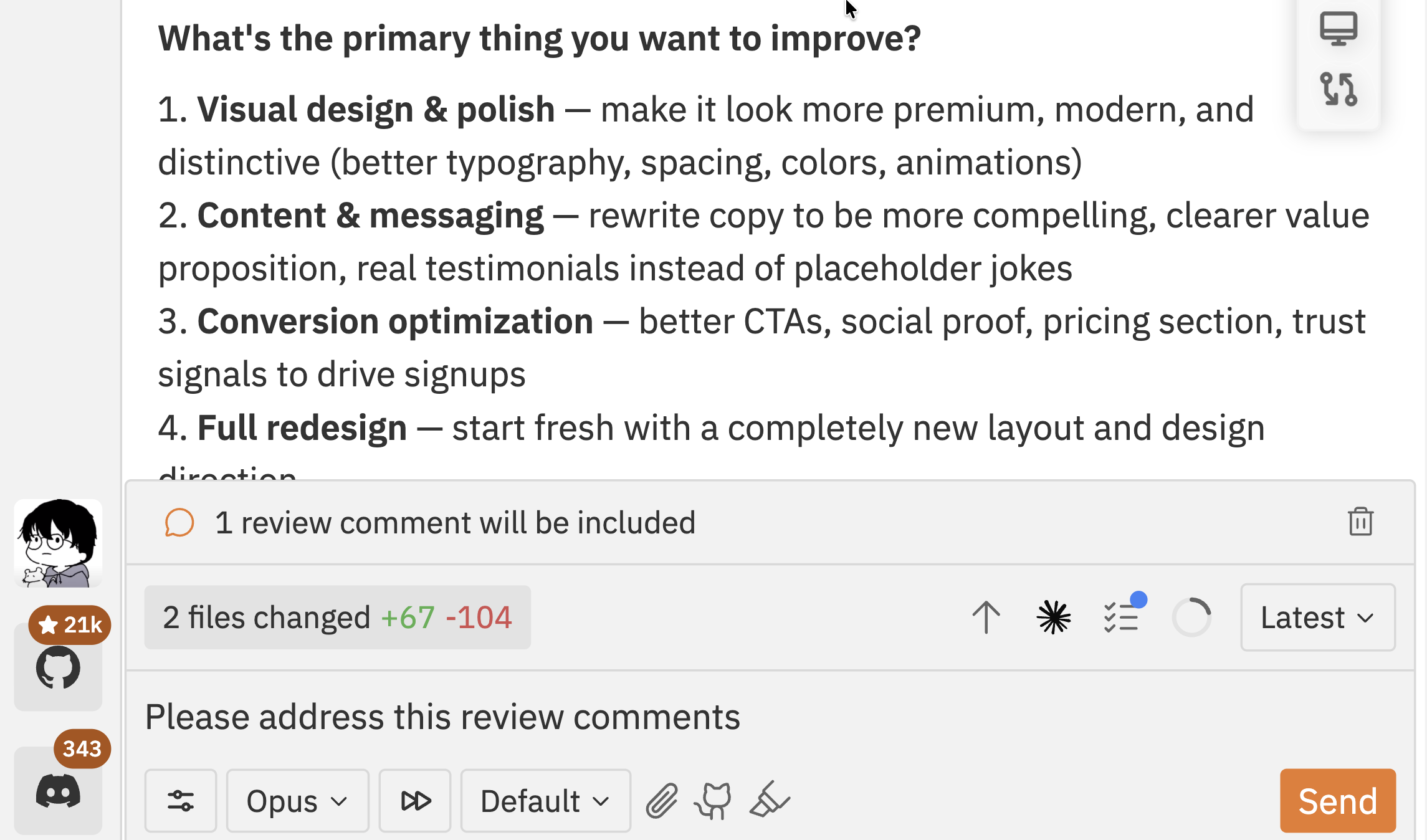 Chat showing review comments being sent to the agent