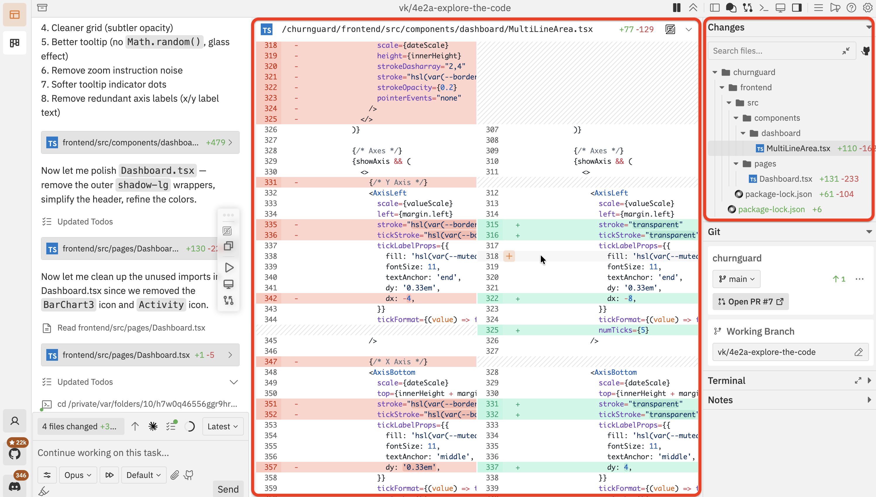 Changes panel showing the file tree on the left and diff viewer on the right