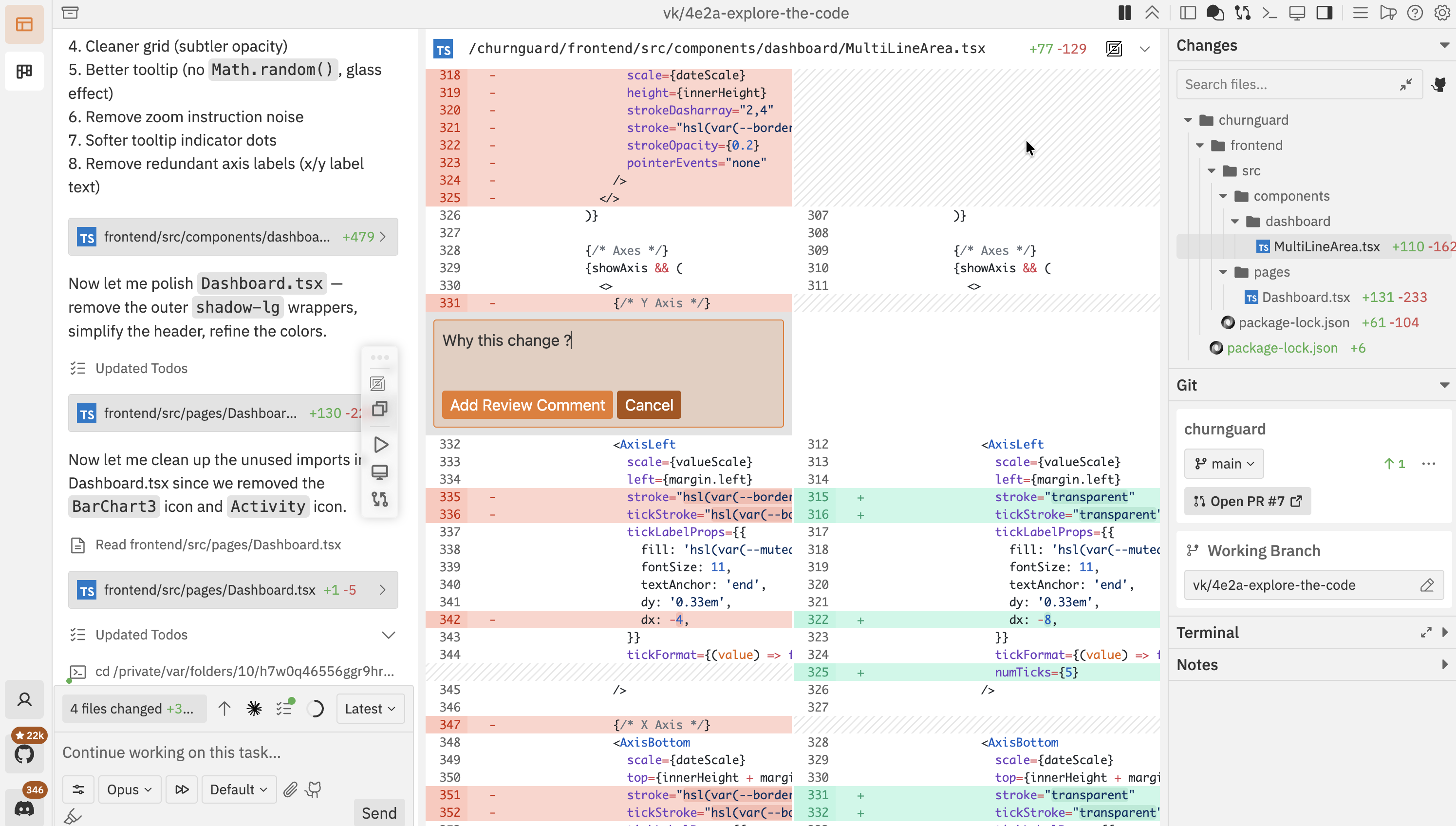 Inline comment being written on a diff line with the Add Review Comment button