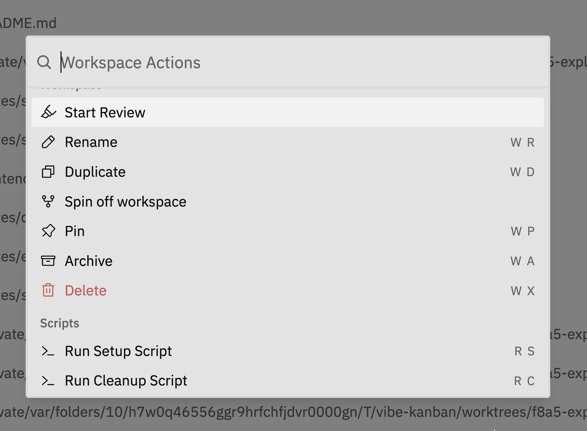 Workspace Actions menu showing available actions like Rename, Duplicate, Pin, Archive, and Delete