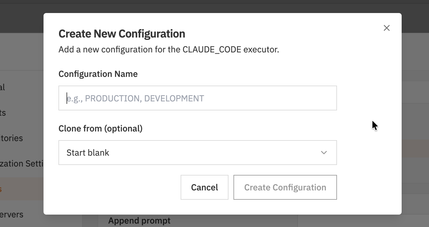 Create New Configuration dialog with name field and clone option