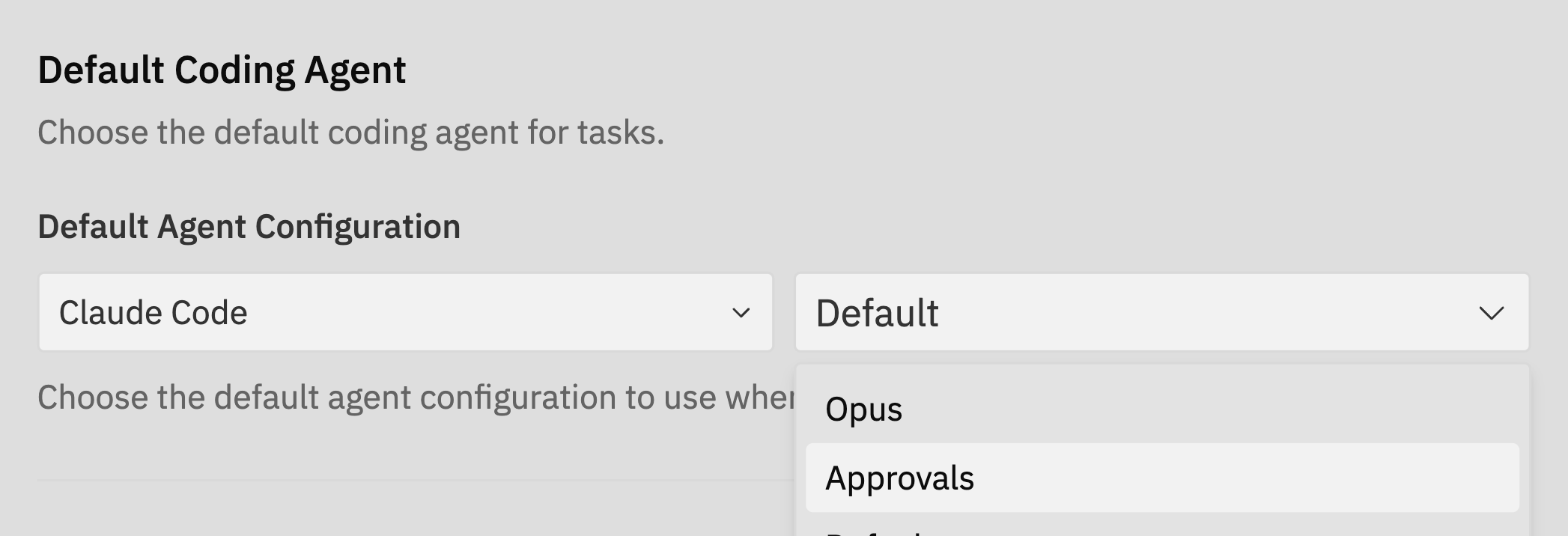 Default Coding Agent section showing agent and variant dropdowns