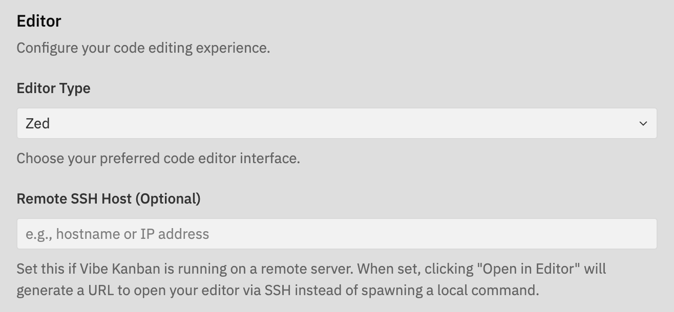 Editor settings showing Editor Type dropdown and Remote SSH Host input