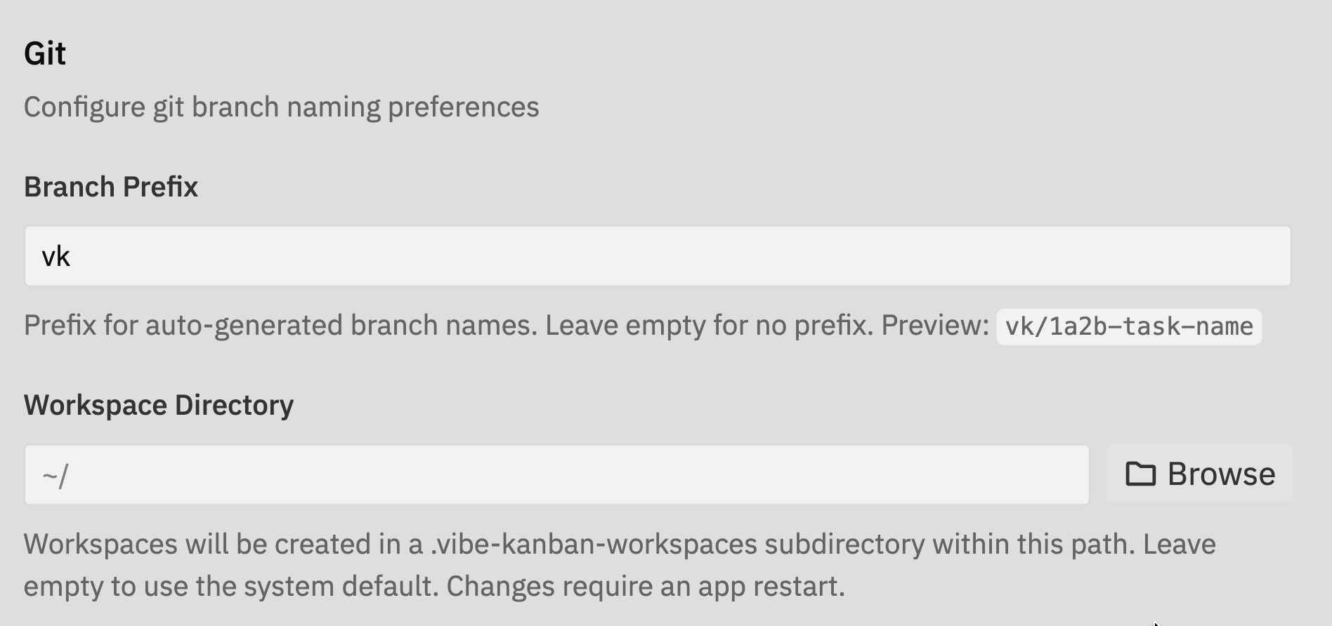 Git settings showing Branch Prefix and Workspace Directory fields