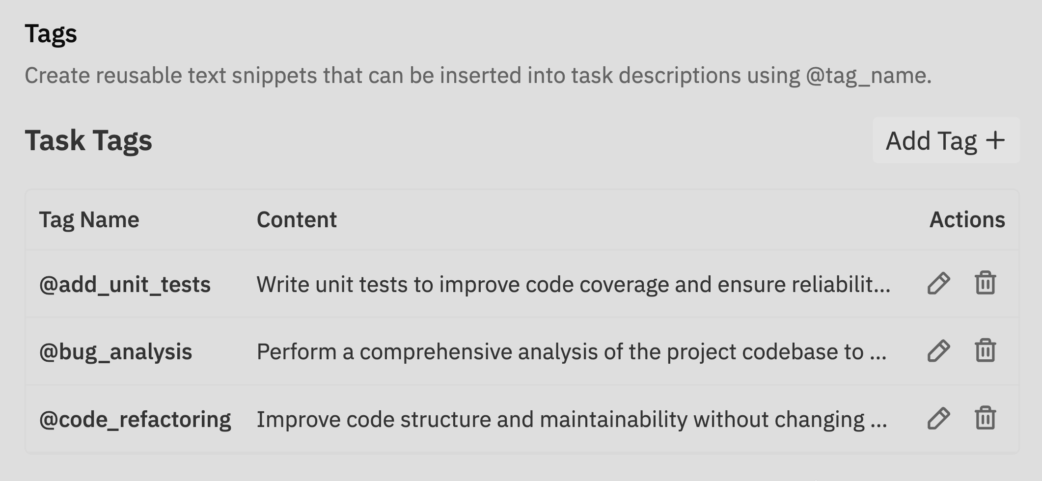 Tags section showing task tags table with tag names, content, and actions