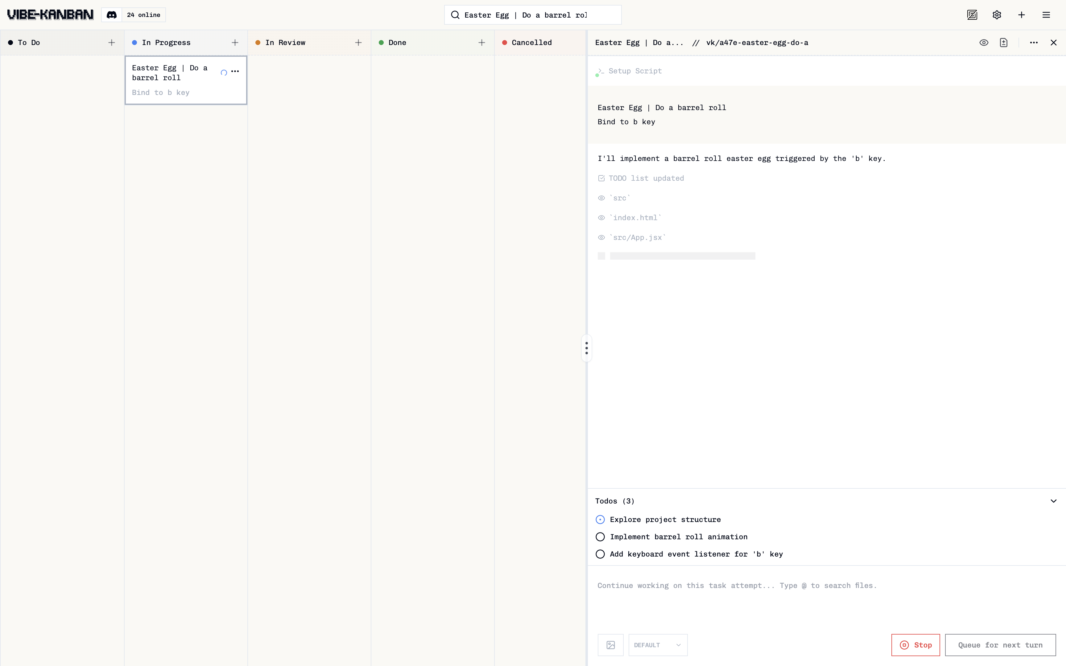 Task execution showing real-time agent logs with actions and responses